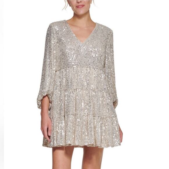 Eliza J Dresses & Skirts - Eliza J Silver Sequin Tiered Fit and Flare Mini Dress Pockets Balloon Sleeves 4